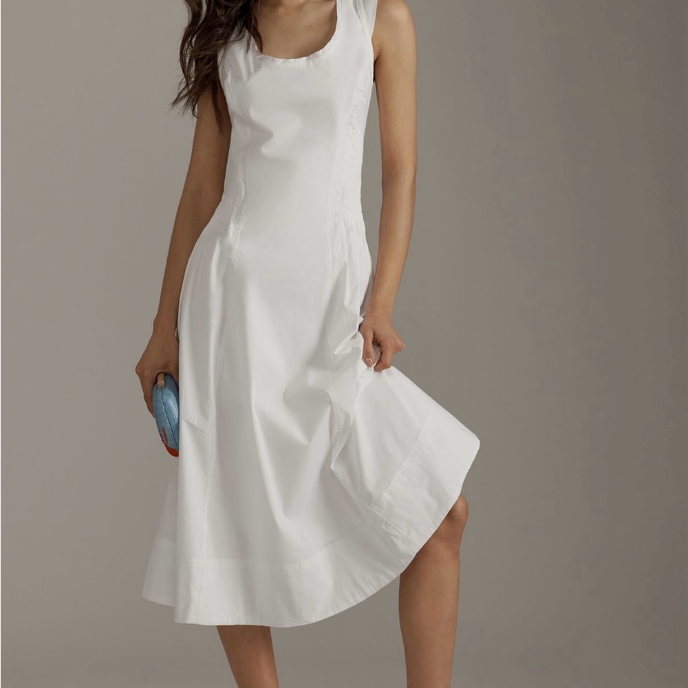 By Anthropologie Scoop-neck White Midi Dress with Gold Zipper